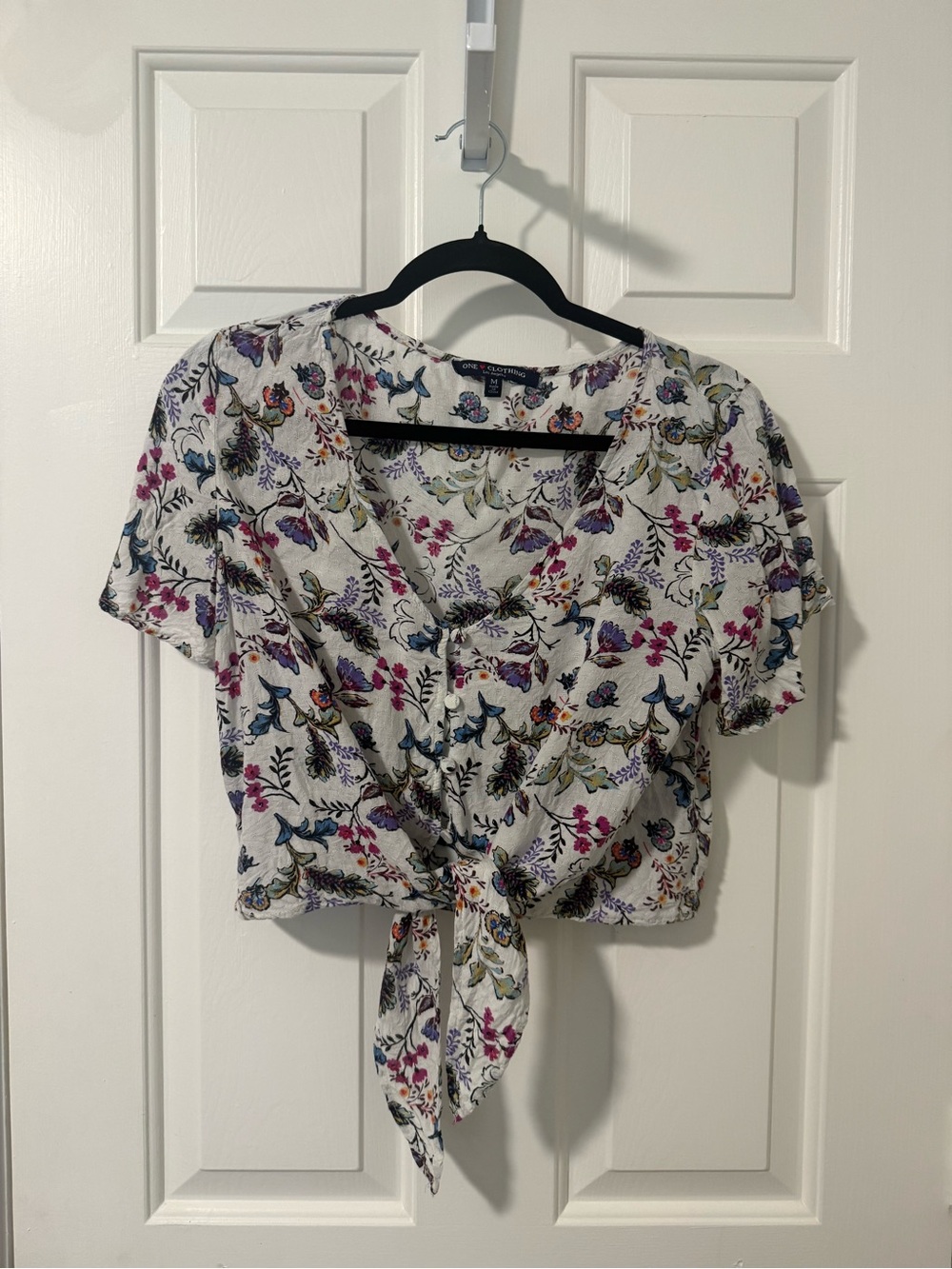 Floral Tie-Front Short Sleeve Top - White with Multicolor Print